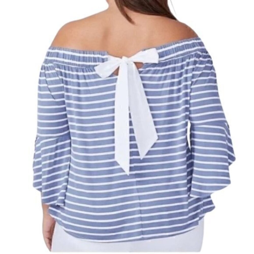 [Lane Bryant] Blue & White Striped Off the Shoulder Flowy Blouse - Size 18/20